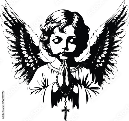 Angel with wings praying holding rosary with cross engraving art design