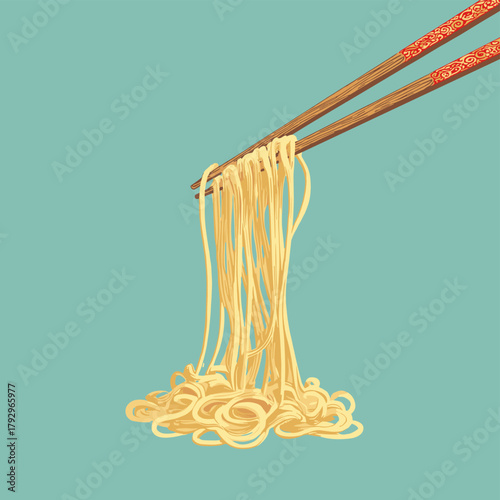 Vector illustration of chopsticks picking up a buch of noodles