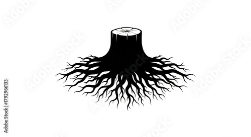 Illustration of a black tree stump with exposed roots on a white background in a vector style