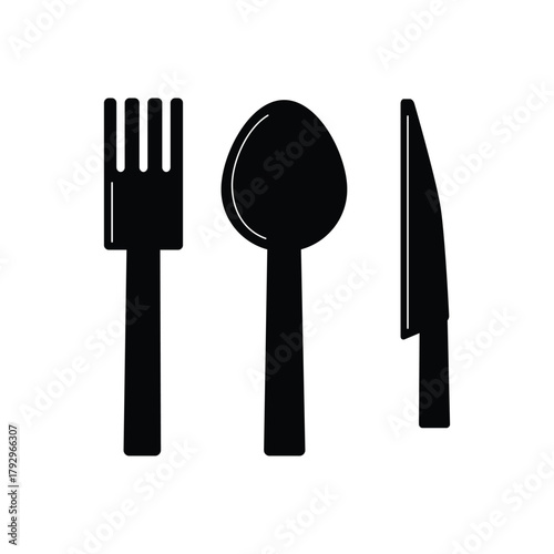Black silhouette of fork spoon and knife on a white background Keywords: fork, spoon, knife