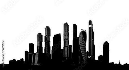 Silhouette of a city skyline with various tall buildings against a white background view of cityscape
