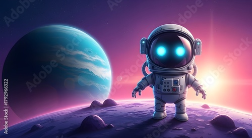 Cute robotic astronaut stands on purple planet, blue cosmic background.