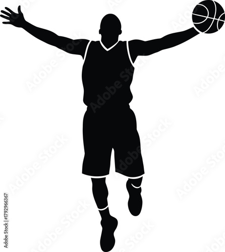 Silhouette of a basketball player in mid air with arms outstretched