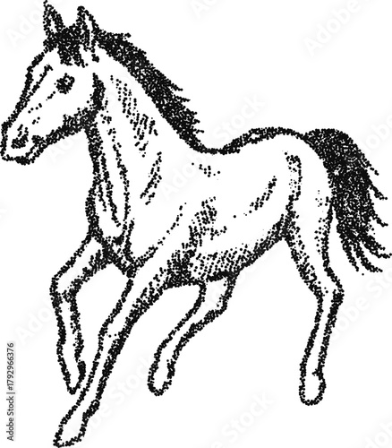 Galloping horse side view, vintage stipple dotwork vector illustration, monochrome engraving style equine speed motion