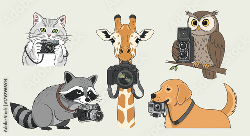 Charming animal collection capturing moments with vintage cameras and modern gear, perfect for creative projects and nature lovers.