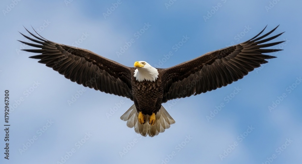 Obraz premium A bald eagle in flight with its wings spread wide against a clear blue sky.