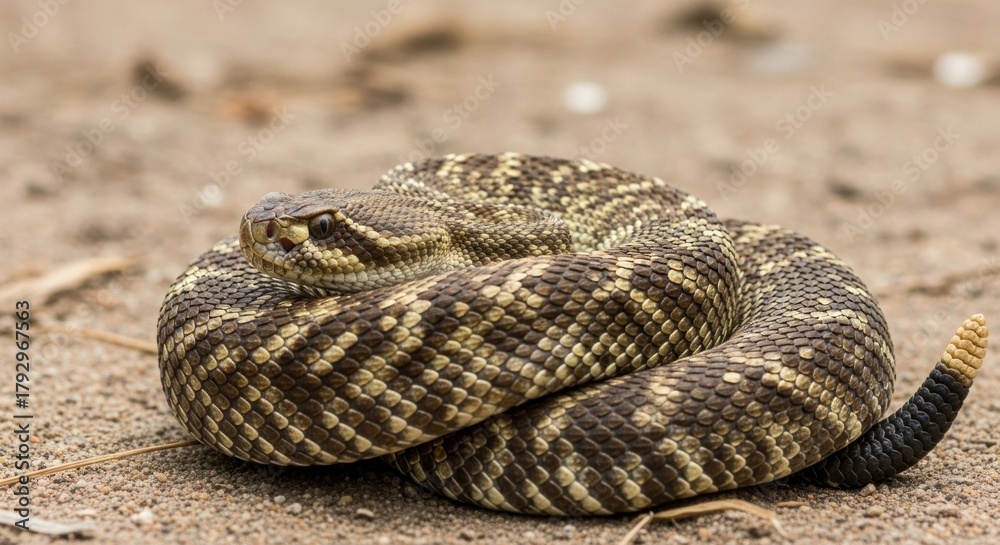 Naklejka premium A rattlesnake coiled on the ground with a sandy background.