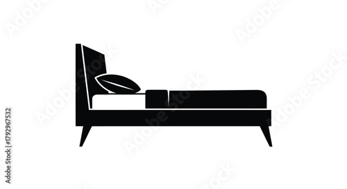 Flat illustration of black silhouette of a bed with a pillow and blanket