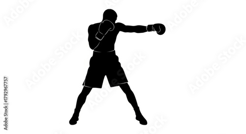 Silhouette of a boxer in action throwing a punch with gloves in a fighting stance on a white background