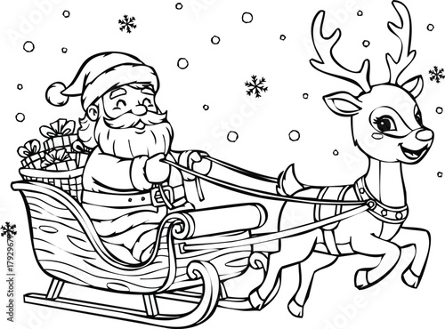 Santa claus in sleigh pulled by reindeer with gifts engraving art design