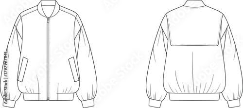 Bomber jacket technical sketch, front and back view, zipper closure, ribbed collar and cuffs, welt pockets, fashion flat, garment construction, vector illustration