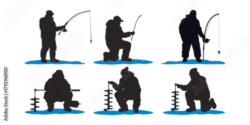 Fisherman silhouettes ice fishing in winter, depicting outdoor winter activity, anglers on frozen lakes, ideal for seasonal, sports, and nature-themed illustrations