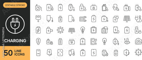 Charging line icons set, editable stroke, battery, power plug, USB cable, solar panel, lightning bolt, wireless charge, adapter, energy devices