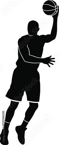 Silhouette of a basketball player in mid air shooting a ball