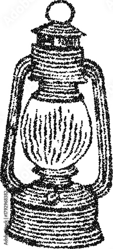 Vintage kerosene lantern with glass globe, stipple dotwork vector illustration, monochrome engraving style camping light