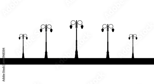 Silhouette of five streetlights of varying sizes standing on a black horizontal surface in simple style