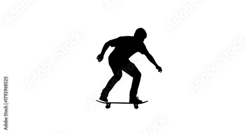 Silhouette of a person skateboarding with bent knees and arms outstretched for balance on a white background