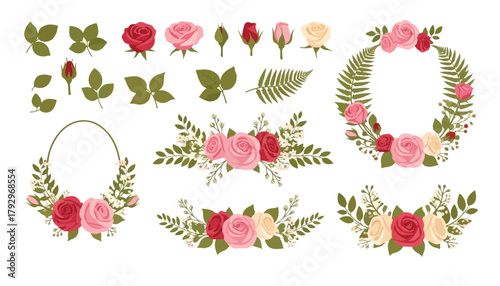 Collection of floral elements including roses, buds, leaves, fern fronds, and wreaths, arranged on a white background.