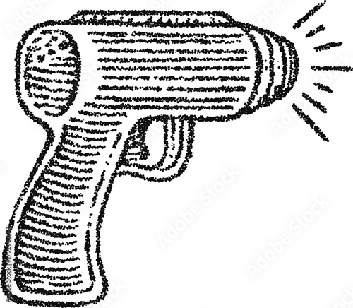 Retro ray gun with trigger grip and radiant beam, vintage stipple dotwork vector engraving style scifi weapon icon