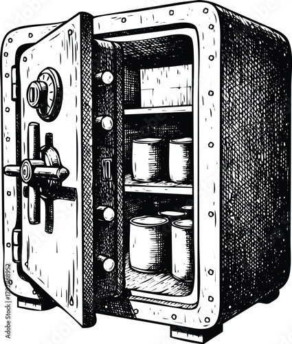 Open safe with shelves and containers engraving art design