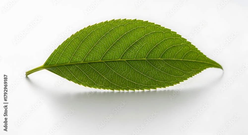 Fototapeta premium Single Green Leaf with Serrated Edges on White Background.