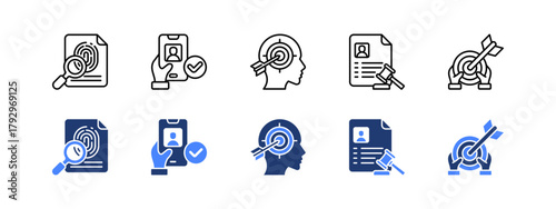 Evidence, Verification, Accuracy, Legitimacy, Objectivity with two styles, line and duotone icon.