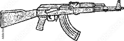 Assault rifle side view with curved magazine, vintage stipple dotwork vector illustration in monochrome engraving weapon icon