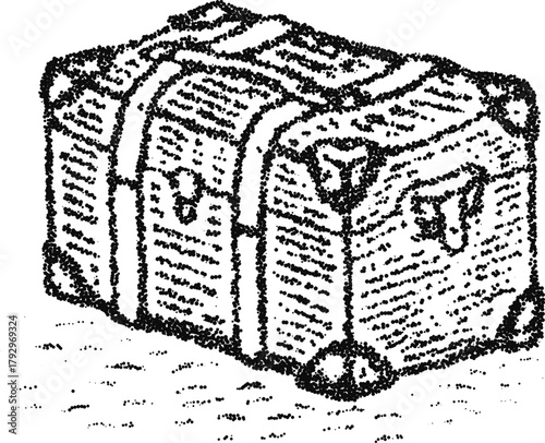 Antique treasure chest with metal strap corners, vintage stipple dotwork vector illustration in monochrome engraving style storage trunk