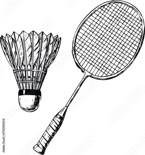 Badminton racket and shuttlecock engraving art design