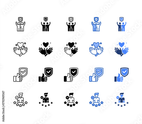 Dependability, Respect, Reliability, Credibility multiple style icon set.