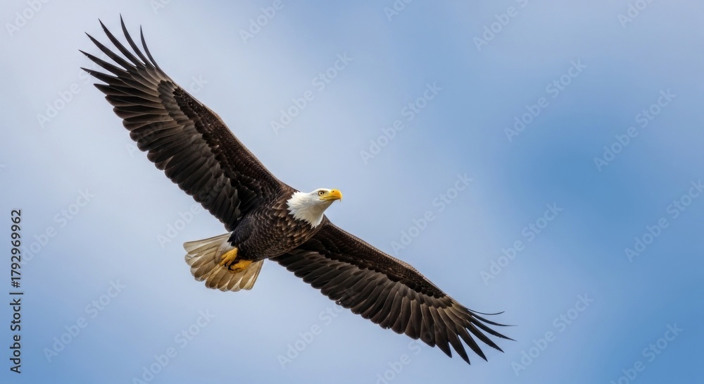 Naklejka premium A bald eagle in flight against a clear blue sky.