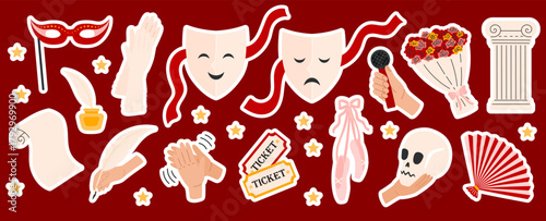 Theater sticker pack. Theatrical comedy and drama mask, ticket, flowers, pointe shoes, ladis fan. Theatre Day. Flat Vector illustration isolated