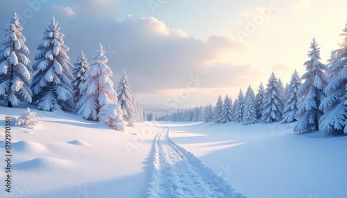 A serene winter landscape blanketed in pristine snow, untouched and silent under a pale January sky The air is still, the world hushed in a peaceful slumber , frozen landscape, month