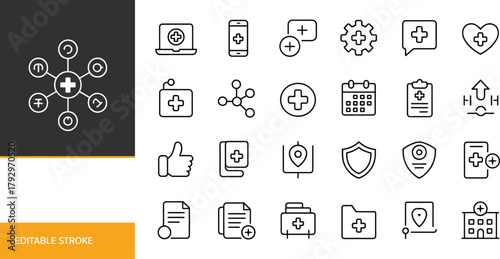 Healthcare management line icons set, editable stroke, medical records, telehealth, calendar schedule, shield protection, location pin, hospital building, documents