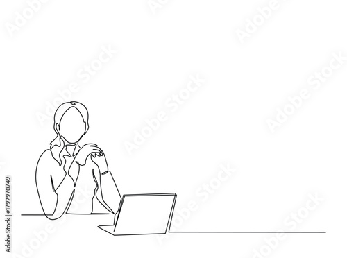 Continuous line art drawing of woman work with notebook or laptop. Businesswoman , virtual assistant working on a laptop draw in single outline illustration.