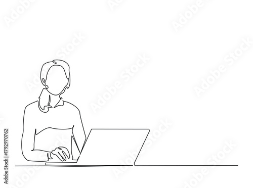 Continuous line art drawing of woman work with notebook or laptop. Businesswoman , virtual assistant working on a laptop draw in single outline illustration.