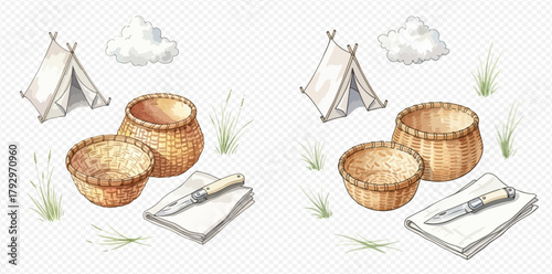 Watercolor illustration of rustic camping essentials including a tent, woven baskets, a knife, and grass on a transparent background.