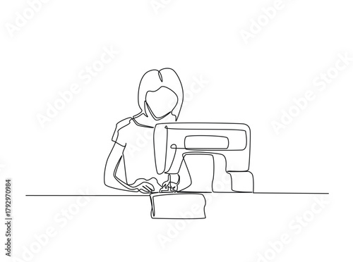 Continuous line art drawing of woman work with sewing machine. woman using sewing machine in single outline illustration.