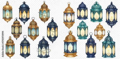 A collection of ornate Islamic lanterns in gold, blue, and teal colors, featuring intricate patterns and glowing lights, set against a transparent background.