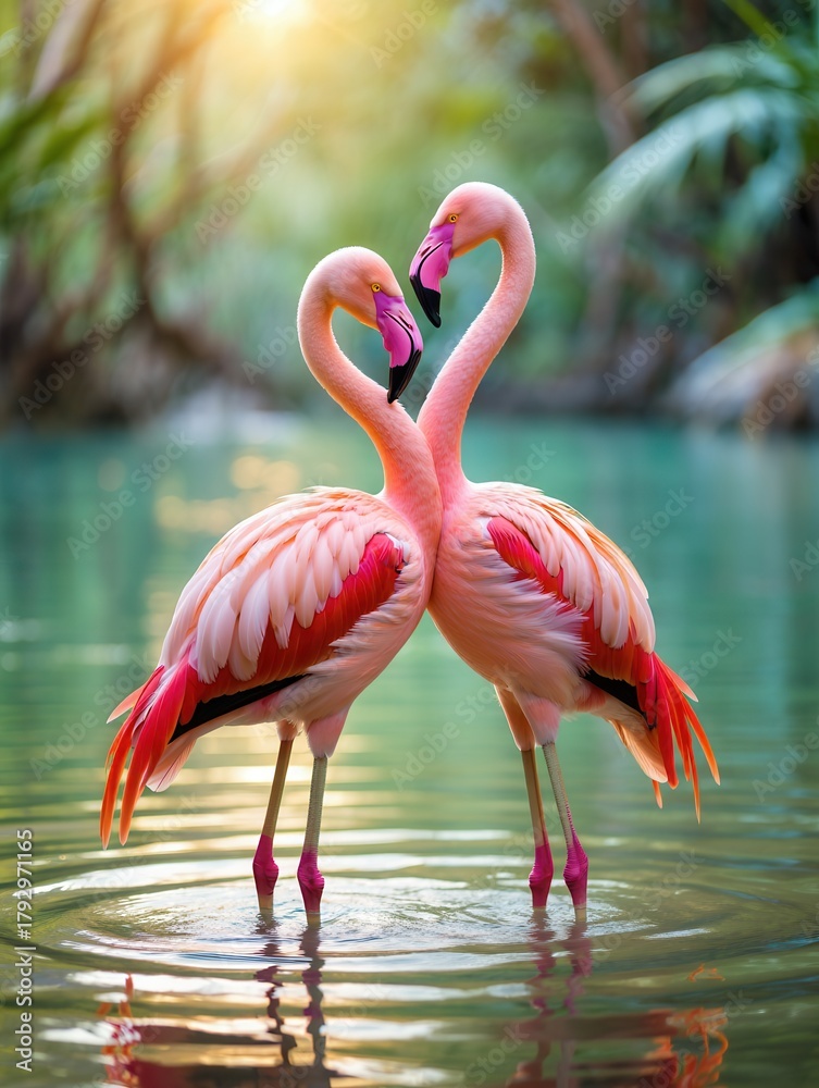Fototapeta premium A pair of pink flamingos stand gracefully in calm water, surrounded by lush greenery, symbolizing love and harmony in nature.