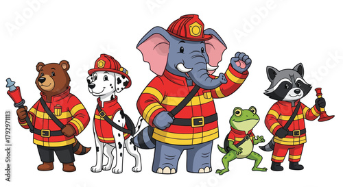 Adorable animal firefighters, including a bear, Dalmatian, elephant, frog, and raccoon, ready for action in vibrant red and yellow uniforms.