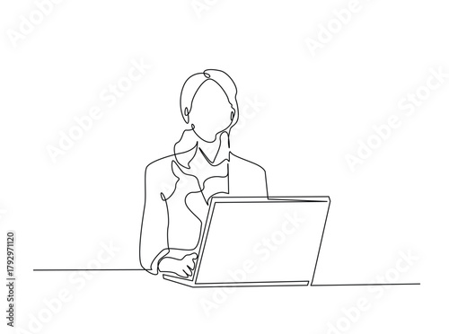 Continuous line art drawing of woman work with notebook or laptop. Businesswoman , virtual assistant working on a laptop draw in single outline illustration.