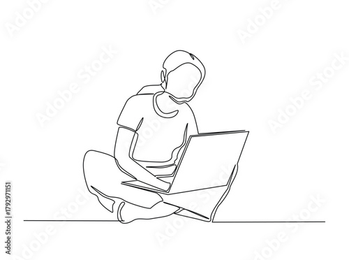 Continuous line art drawing of woman work with notebook or laptop. Businesswoman , virtual assistant working on a laptop draw in single outline illustration.