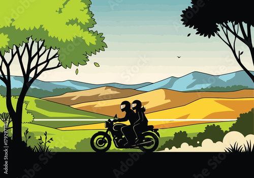A romantic couple on a motorcycle adventure, journeying together through a picturesque rural landscape with rolling green hills