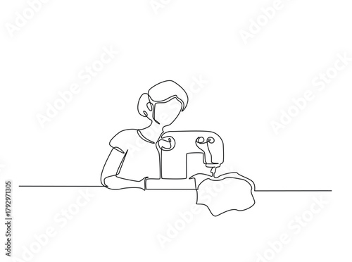 Continuous line art drawing of woman work with sewing machine. woman using sewing machine in single outline illustration.