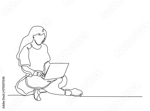 Continuous line art drawing of woman work with notebook or laptop. Businesswoman , virtual assistant working on a laptop draw in single outline illustration.