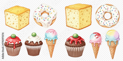 Watercolor illustration set of various sweet desserts including cakes, donuts, cupcakes, and ice cream cones with colorful toppings.