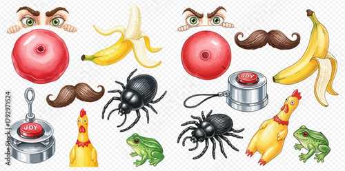 A whimsical collection of humorous and novelty items including angry eyes, bananas, moustaches, spiders, rubber chickens, frogs, and red buttons.
