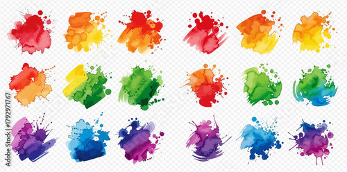 Vibrant collection of watercolor paint splashes and abstract brush strokes in various colors, ideal for graphic design elements and artistic backgrounds.