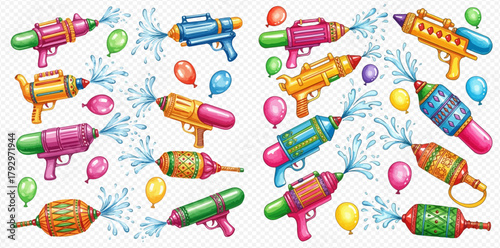 Colorful water guns and balloons splashing water, celebrating the vibrant Holi festival.
